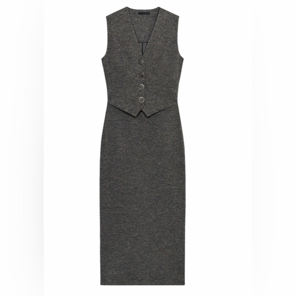 Zara Charcoal Gray Sleeveless Midi Dress with Buttoned Vest - Picture 5 of 6